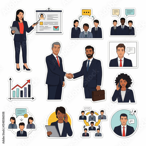 Business professionals engaged in teamwork, presentations, negotiations, and discussions. 