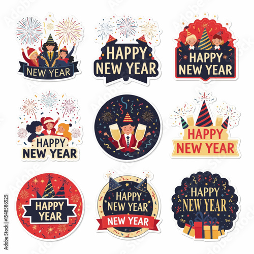 A set of delightful happy new year celebration stickers