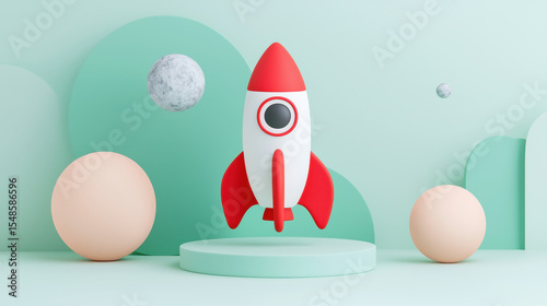  red and white rocket model stands on a pastel blue platform surrounded by spherical shapes against a soft green background.
