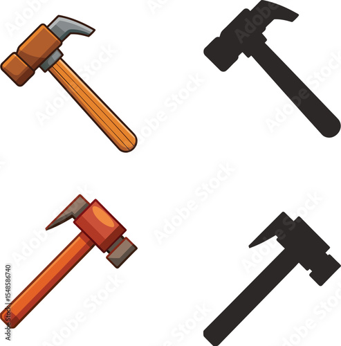 Four hammer illustrations two colored two black silhouettes carpentry tools home repair construction work, Happy labor day design concept