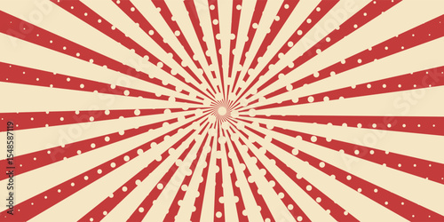 Circus background and spiral retro rays vector pattern. Vintage poster of red white sun or star burst radial lines with grunge texture, circus, carnival, summer fair or chapiteau backdrop