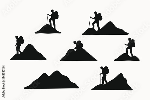 Silhouette Collection Hikers Conquering Mountain Peaks