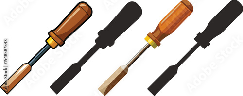 Woodworking tools chisel illustration color and silhouette