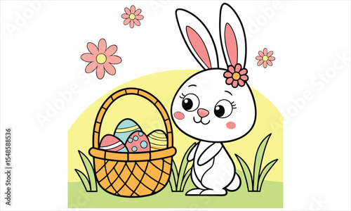 Cute cartoon easter bunny with basket of eggs isolated on white background