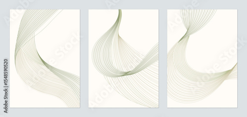 Abstract line wall art set, minimalist flowing lines in shades of green and b...