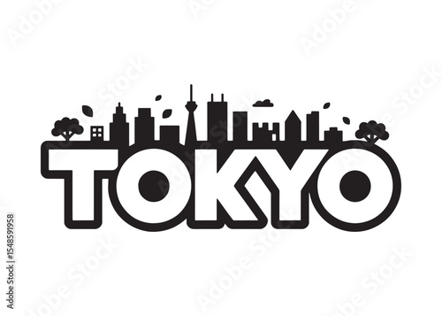 Stylized Tokyo Skyline Silhouette Above Bold Lettering Captures Urban Landscape and City Identity with Modern Minimalist Design