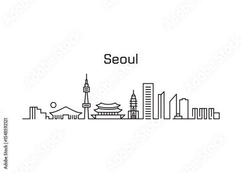 Seoul Skyline Silhouette Minimalist Illustration of South Korea's Capital City Landmarks and Architecture Black and White Design