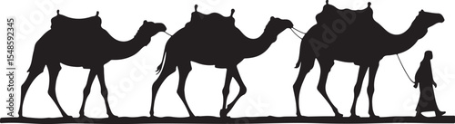 Caravan in Desert Landscape Silhouette on Transparent Background