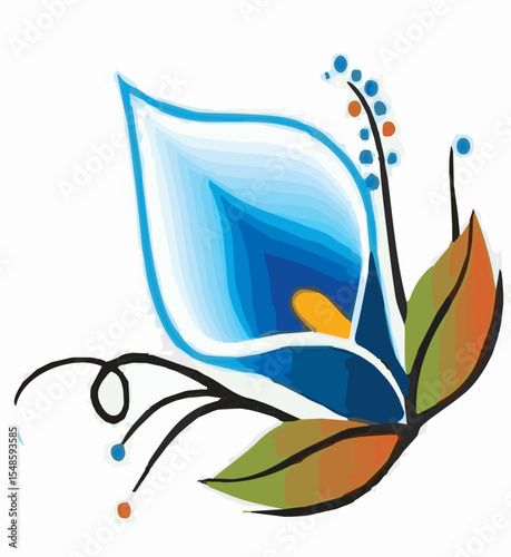 A vector art piece of a butterfly-flower hybrid on a white background. The composition features a large, blue Calla lily as one wing and two gradient-colored leaves as the other. The image is complete