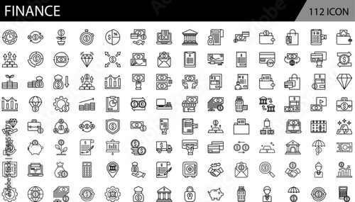 Finance Outline icon set. Containing loan, cash, saving, financial goal, profit, budget, mutual fund, earning money and revenue icons. Outline icons collection.