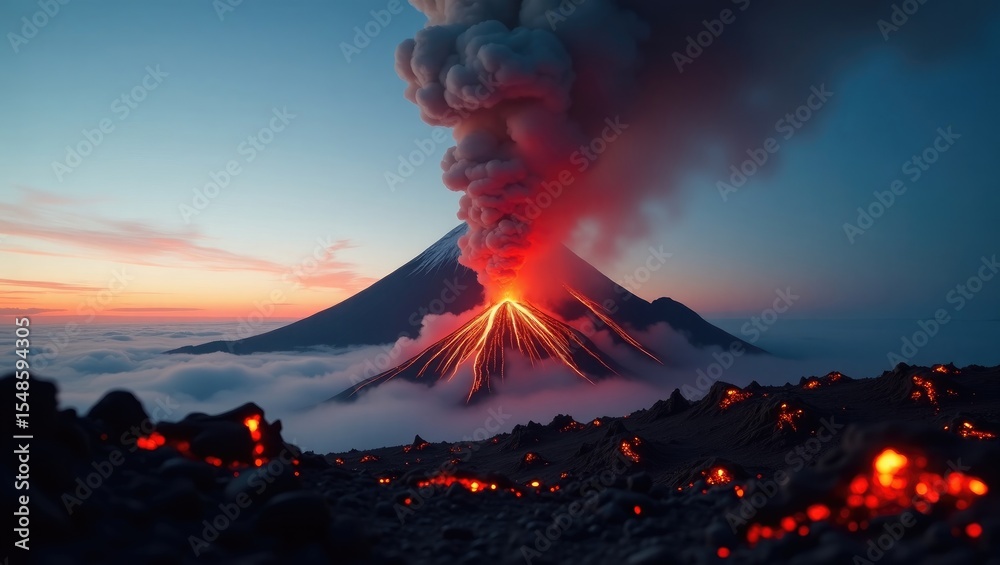 Fototapeta premium Dramatic Volcanic Eruption at Dusk with Smoke and Lava Flow