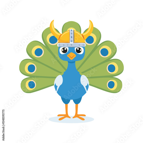 Simple Illustration Cute Peacock with Viking Helmet