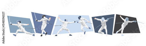 Fencing sport. Male and female athlete characters doing sword fight. Different action, pose. Cartoon flat vector illustration.
