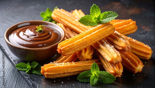 Delicious Churros with Chocolate Dip with Mint Garnish, and on a Dark Background.