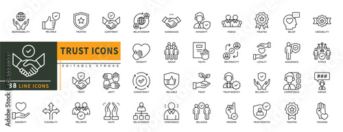 Minimalist trust line icons set with editable stroke, featuring responsibility, reliable, comitment, unity, trust, consistency, friend, trusted, truth, loyalty, belief, swea. thin linear illustration.