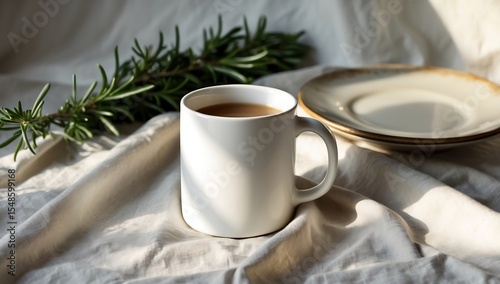 Warm Morning Beverage A Simple Mug of Coffee or Tea with Rosemary, Sunlight Streaming Through, Minimalist Aesthetic, Perfect for a Relaxing Start to the Day, Cozy and Serene Atmosphere