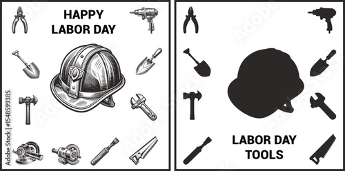 Construction tools and safety gear suitable for Labor Day, Labor Day tools shovels hard hats grinders work safety equipment vector design element illustration