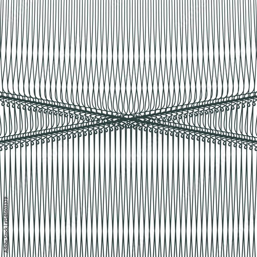 A striped metal lattice or mass with vertical figures has cross seams in the middle.