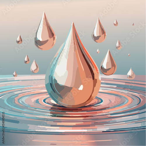 fluid liquid metal shapes;  rippling chrome droplets in rose-gold, aqua, and onyx