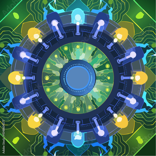 tech-circuit mandalas; radial PCB tracks in steel-blue, brass, and neon overlays
