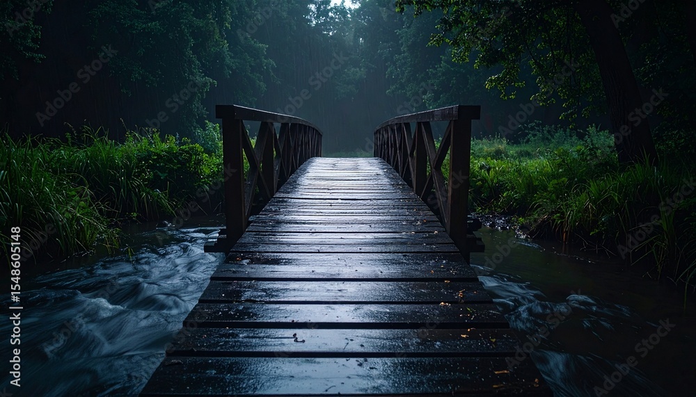 Obraz premium Enchanted Forest Bridge A Mystical Wooden Footbridge Over a Stream