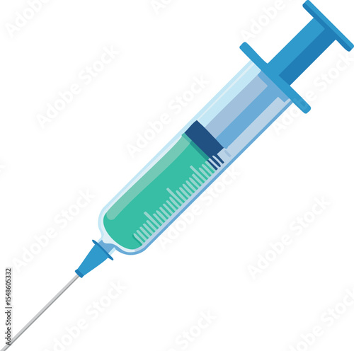 Flat design of a syringe with clear barrel and green plunger, isolated on white