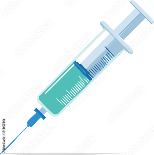 Flat design of a syringe with clear barrel and green plunger, isolated on white