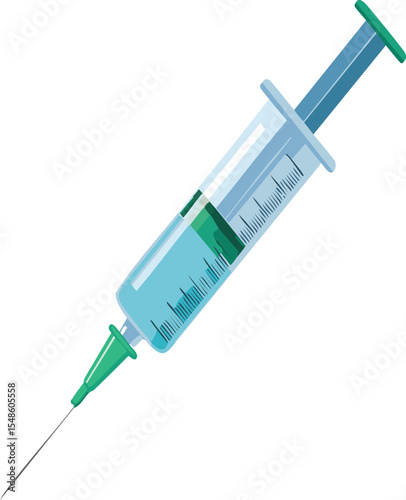 Flat design of a syringe with clear barrel and green plunger, isolated on white