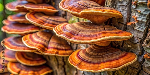 Close-up of Reishi mushrooms growing on hemlock tree bark