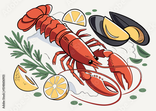 Delicious Lobster and Mussels Seafood Illustration