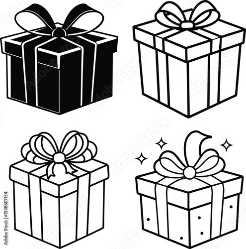 Gift box icons set. Surprising gift box symbol. Present gift box tied signs. Christmas, birthday, valentine, open, sparkle, wedding event, party, celebration, achievement success vector illustration
