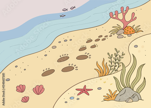 Mysterious Animal Tracks on a Sandy Beach Ocean Mystery Illustration