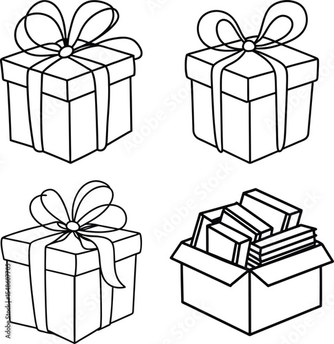 Gift box icons set. Surprising gift box symbol. Present gift box tied signs. Christmas, birthday, valentine, open, sparkle, wedding event, party, celebration, achievement success vector illustration
