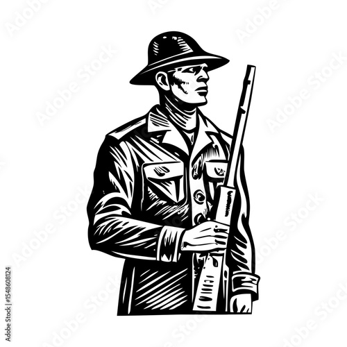 A vintage style illustration depicting a soldier