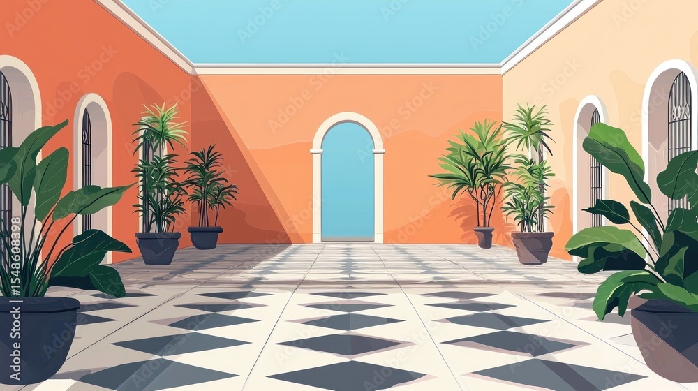 Fototapeta premium Colorful courtyard with lush greenery.