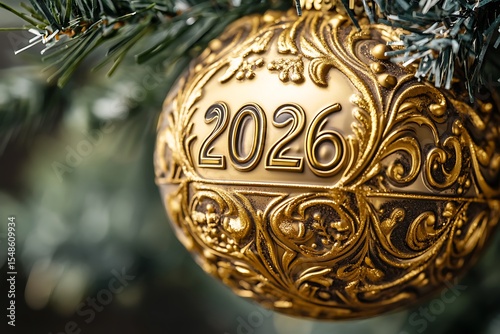 A close-up of a gold ornament with the number \"2026\" embossed on it, hanging from a Christmas tree branch. 
