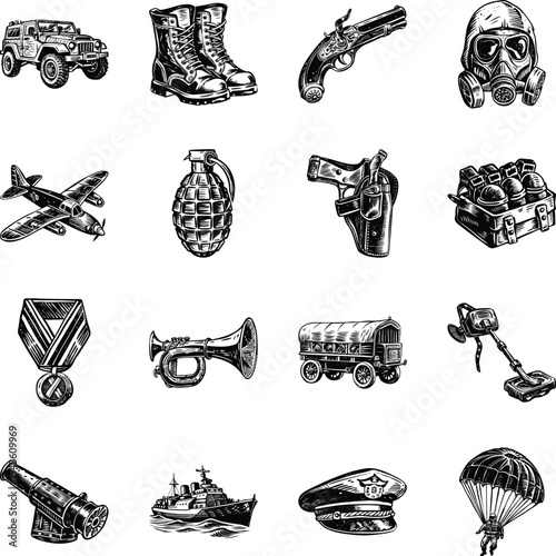 Collection of Military Equipment Vintage Illustrations 

