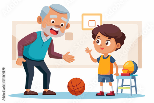 Cartoon illustration of a cheerful grandfather and grandson happily talking and bonding over a basketball. Family love, generation connection