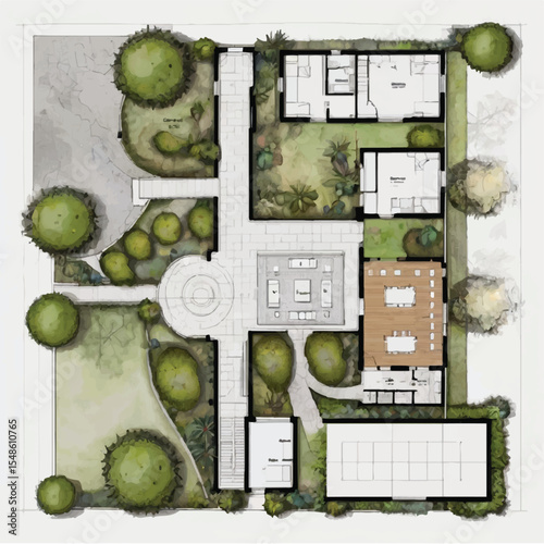 Architectural drawings in minimal style, including top-view elements of people in outdoor park scenes for landscape and site planning.