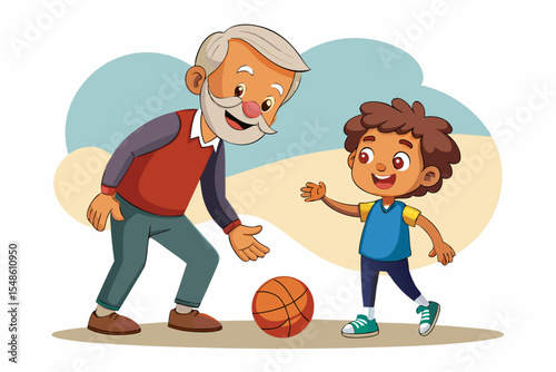 Cartoon illustration of a cheerful grandfather and grandson happily talking and bonding over a basketball. Family love, generation connection