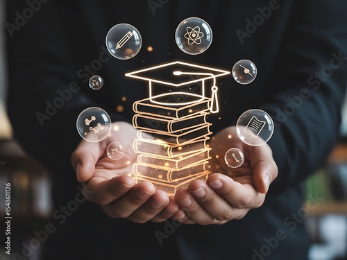 Unlocking Potential Hands Holding a Stack of Glowing Books and Graduation Cap, Symbolizing Education, Knowledge, and Academic Achievement