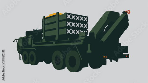 Flat Vector Military Truck with Missile Launcher on Desert Landscape