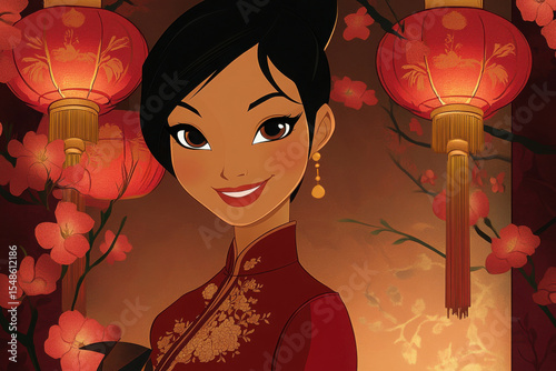 Traditional Beauty: A captivating woman radiates joy within a traditional setting adorned with vibrant lanterns, embodying the spirit of celebration and cultural elegance.