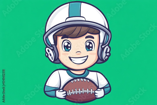 Young Football Enthusiast: A cheerful cartoon character, fully geared up in football attire, embodies the enthusiasm of the sport, clutching the iconic ball