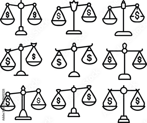 Twelve line art scales of justice with dollar signs