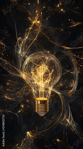 Illuminated glass lightbulb glows brightly amidst swirling golden light against a dark background