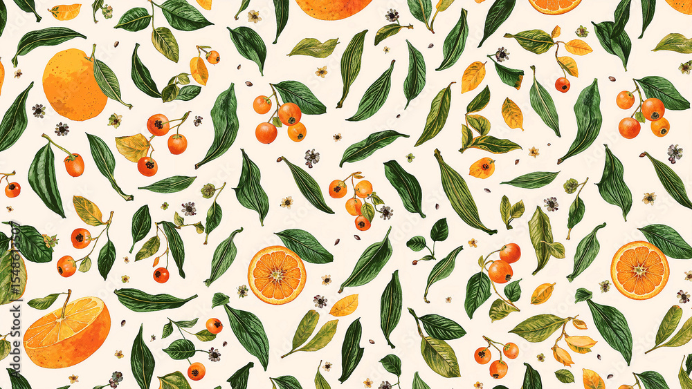 Citrus fruit and berry pattern on a light beige background with leaves