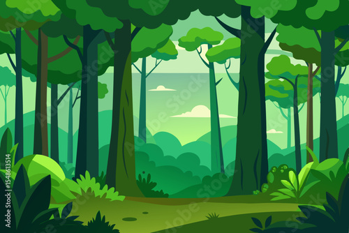Sunrise over a serene summer forest landscape with green trees and a clear sky, illustrating the peaceful morning environment