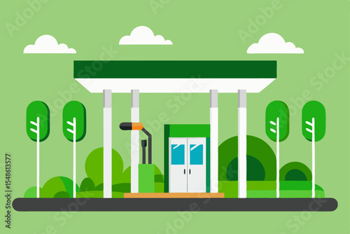 Eco-friendly modern city vector illustration: green energy, urban landscape, and sustainable building design under a clear sky