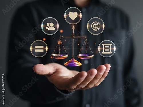 Scales of Justice Embracing Equality, Global Understanding, and the Pursuit of Fair Treatment for All.  A Visual Representation of Legal Principles and Ethical Considerations.